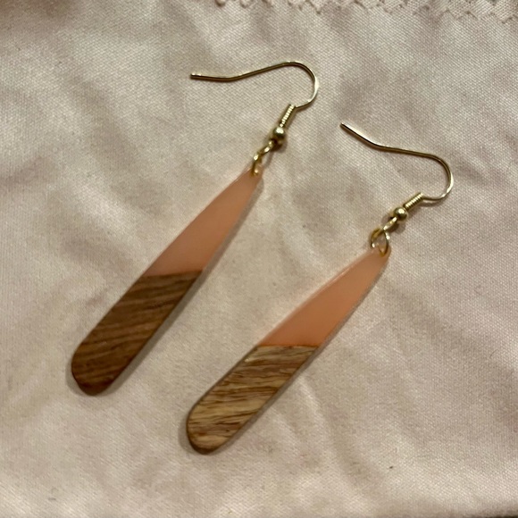 Natural Wood Patchwork  Foil Water Drop Earrings - Picture 2 of 4